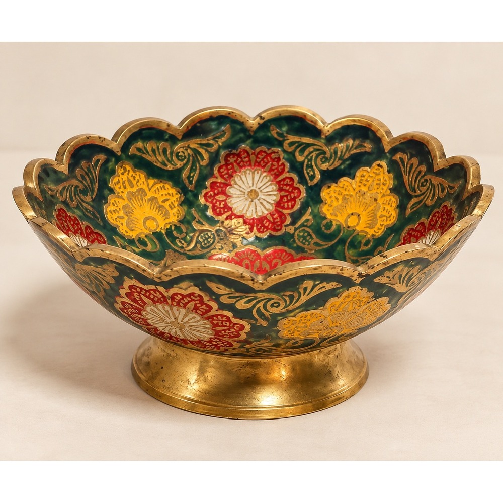 Vintage Enameled Brass Peacock Bowl Hand Painted Floral Scalloped Rim